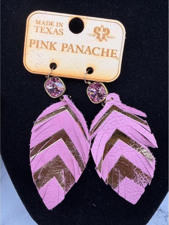 Jewelry - Pink Panache Pink Leather Fringe Earrings Gold Foil Feather Drop Texas Boho